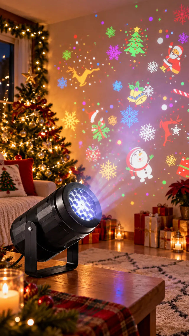 Escena navideña con el proyector LuzNova junto al árbol