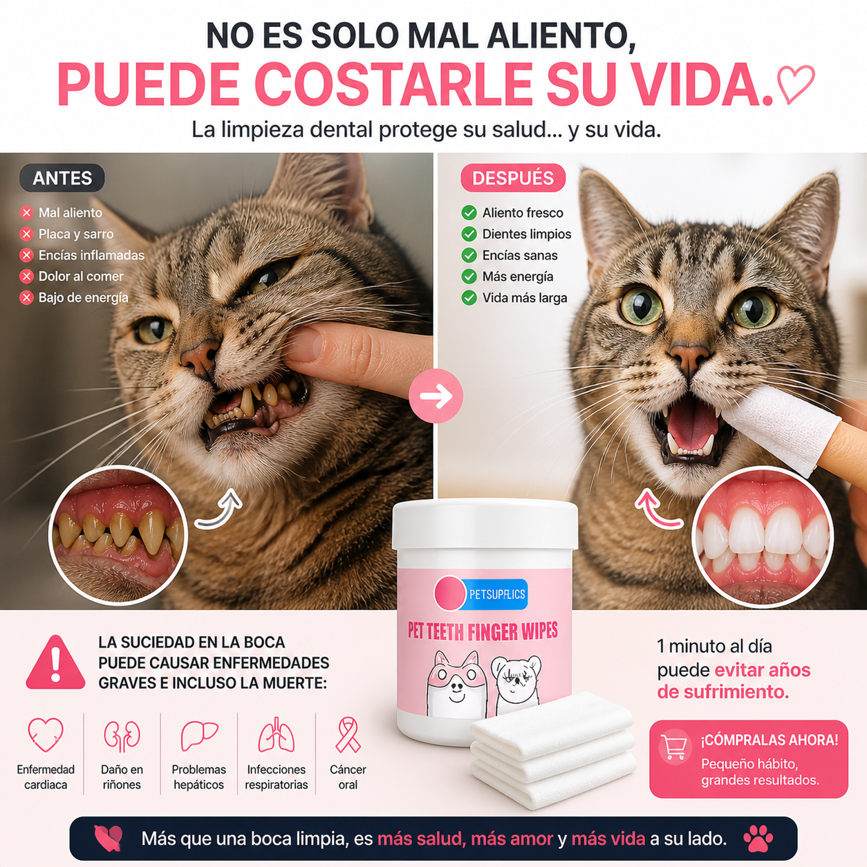 “Limpia los dientes de tu perro o gato en segundos, sin cepillo, sin estrés y sin mal aliento.”