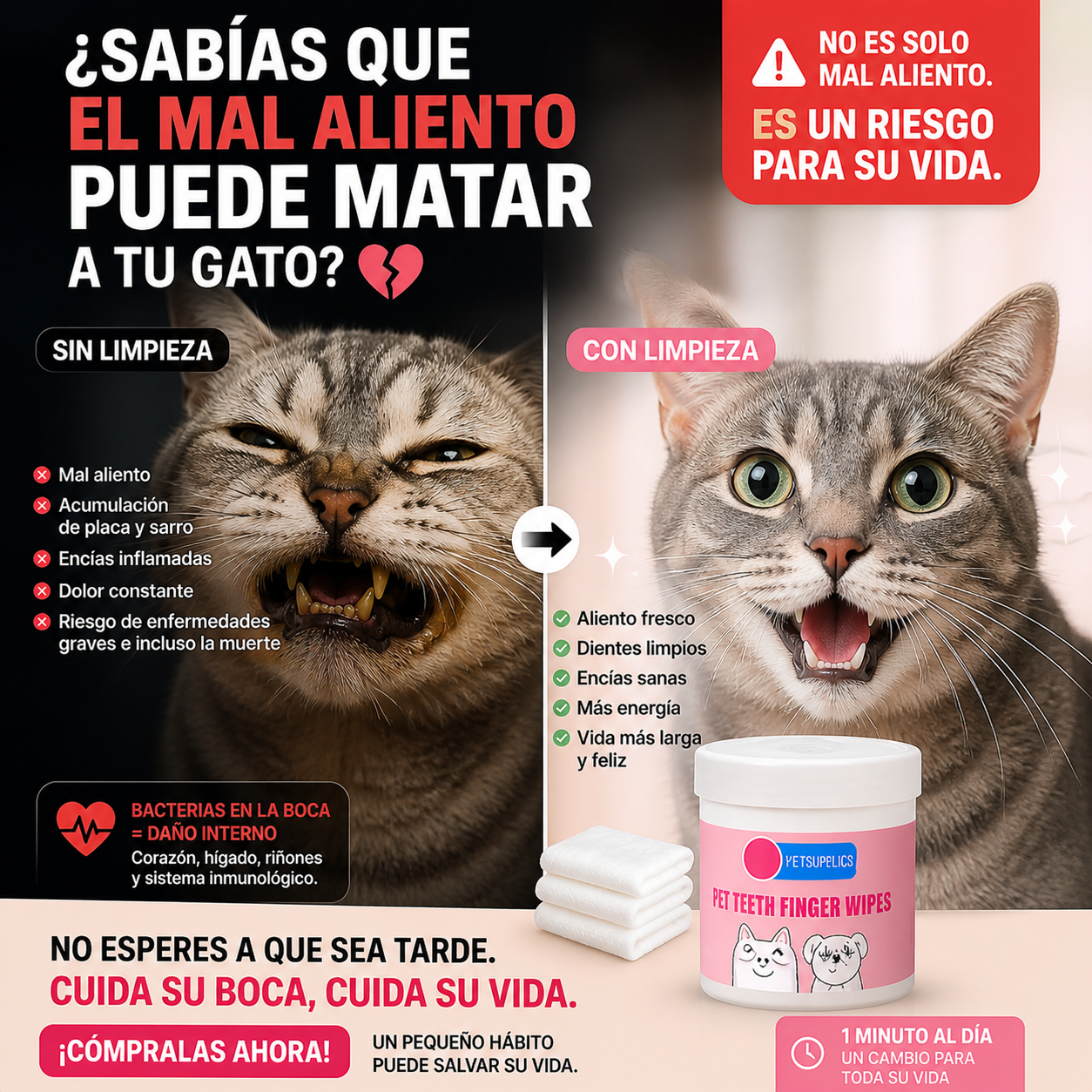 “Limpia los dientes de tu perro o gato en segundos, sin cepillo, sin estrés y sin mal aliento.”