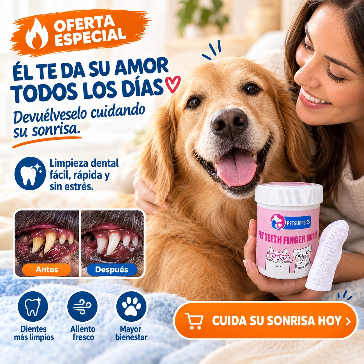 “Limpia los dientes de tu perro o gato en segundos, sin cepillo, sin estrés y sin mal aliento.”